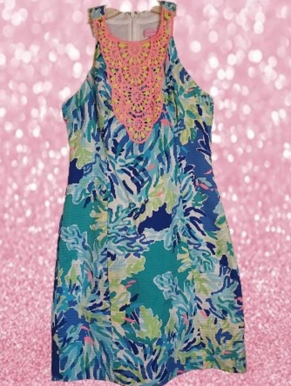 Lilly Pulitzer Pearl Shift Dress in Brilliant Blue Wade and Sea Crochet Lace 00